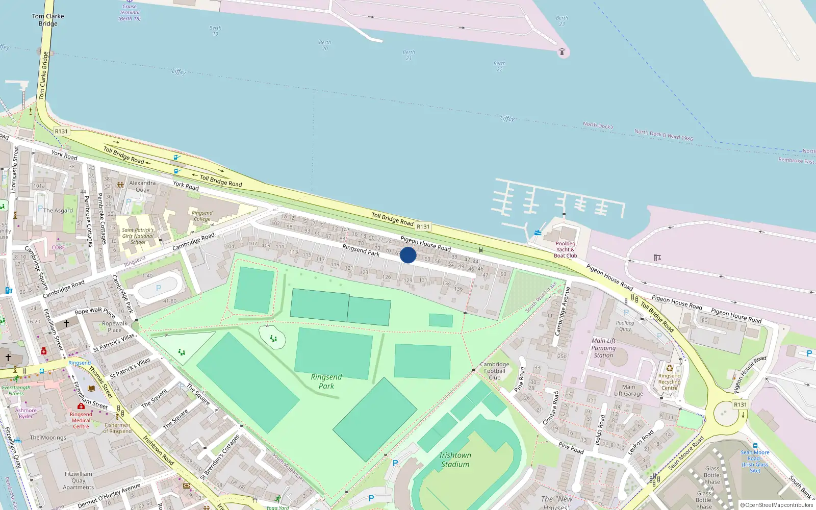 Overhead map showing the location of 64 Ringsend Park, Dublin