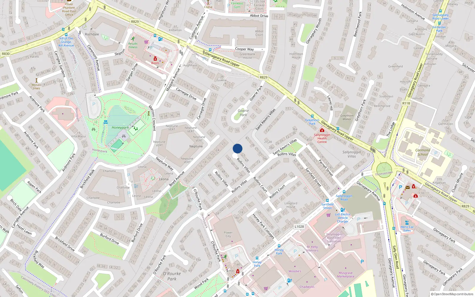 Overhead map showing the location of 64 Rollins Villas, Sallynoggin