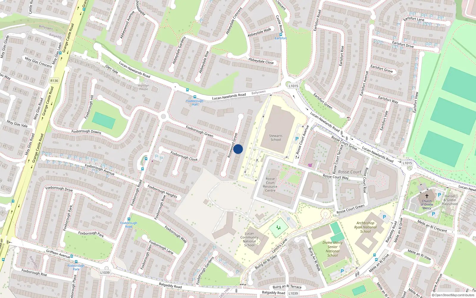Overhead map showing the location of 64 Rosewood Grove, Lucan, Dublin