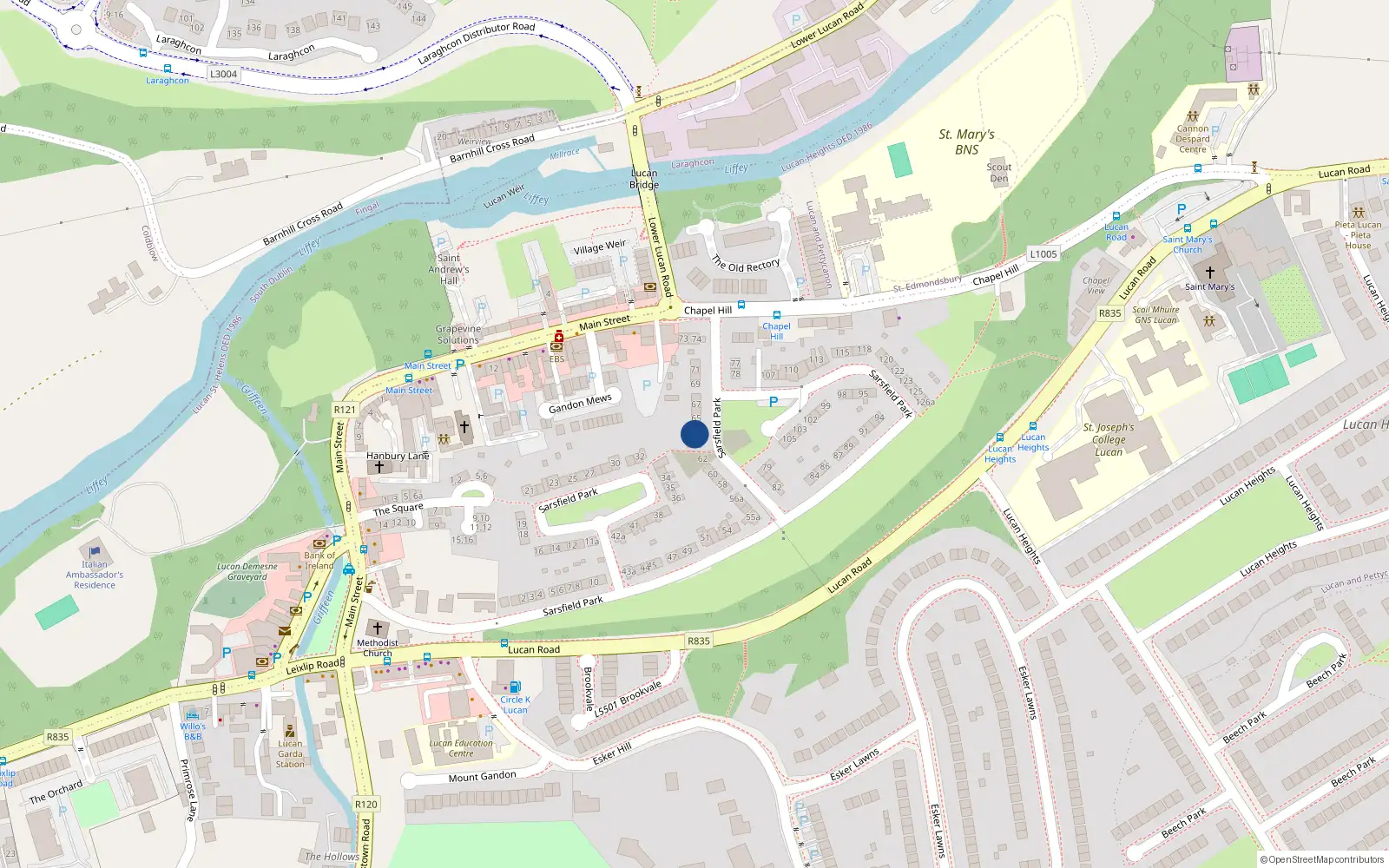 Overhead map showing the location of 64 Sarsfield Park, Lucan, Dublin