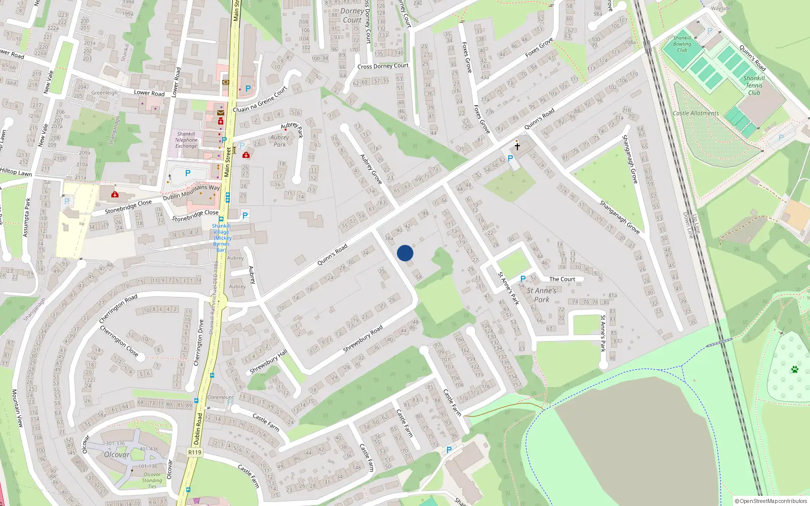 Overhead map showing the location of 64 Shrewsbury Road, Shankill