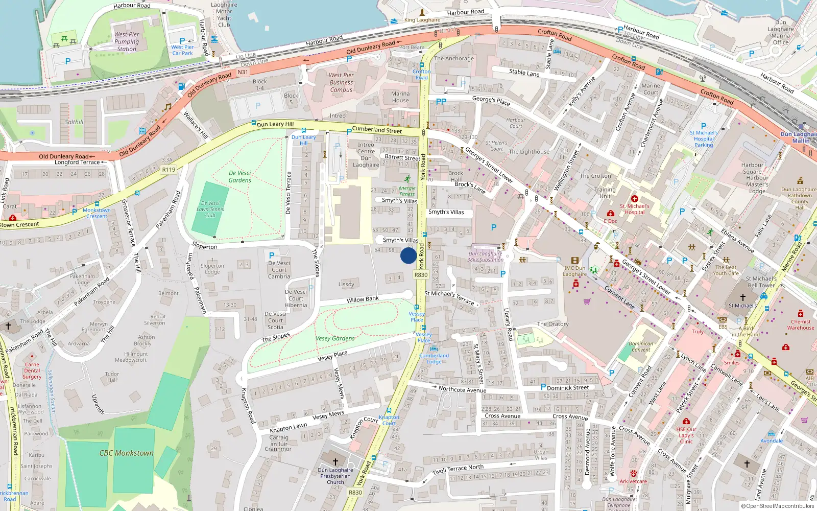 Overhead map showing the location of 64 Smyths Gardens, York Road, Dun Laoghaire