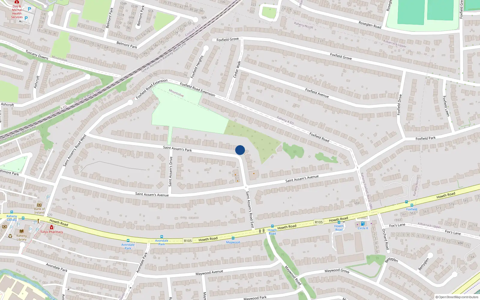 Overhead map showing the location of 64 St Assams Park, Raheny, Dublin 5