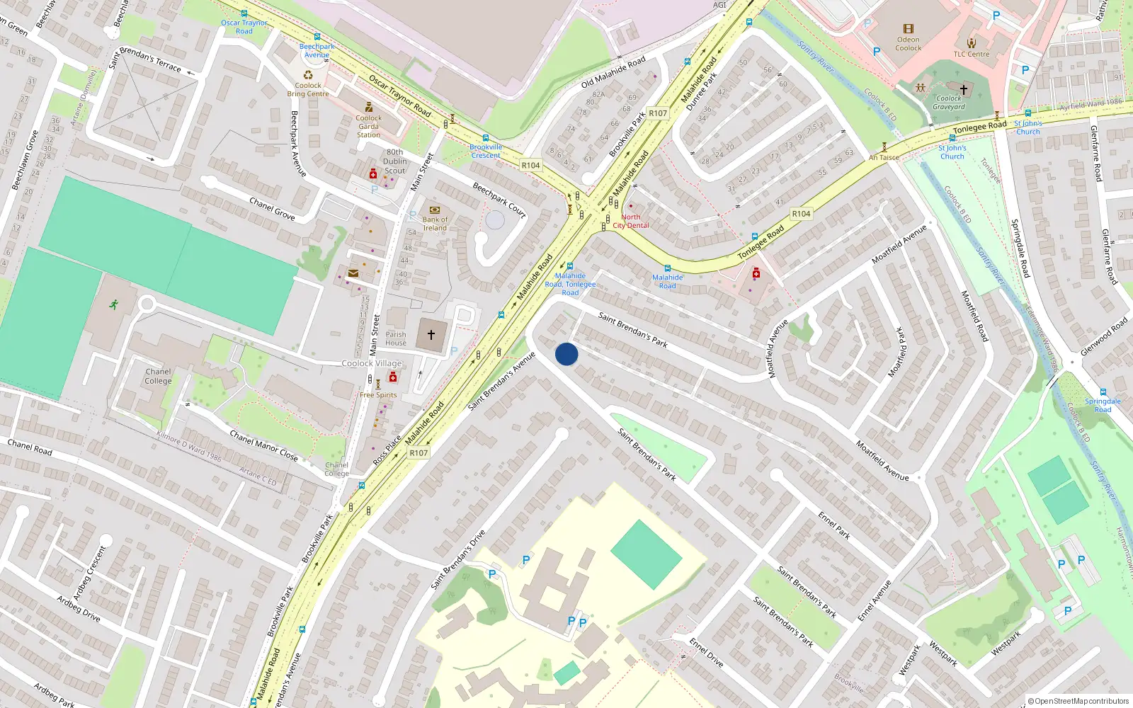 Overhead map showing the location of 64 St Brendans Park, Artane, Dublin 5