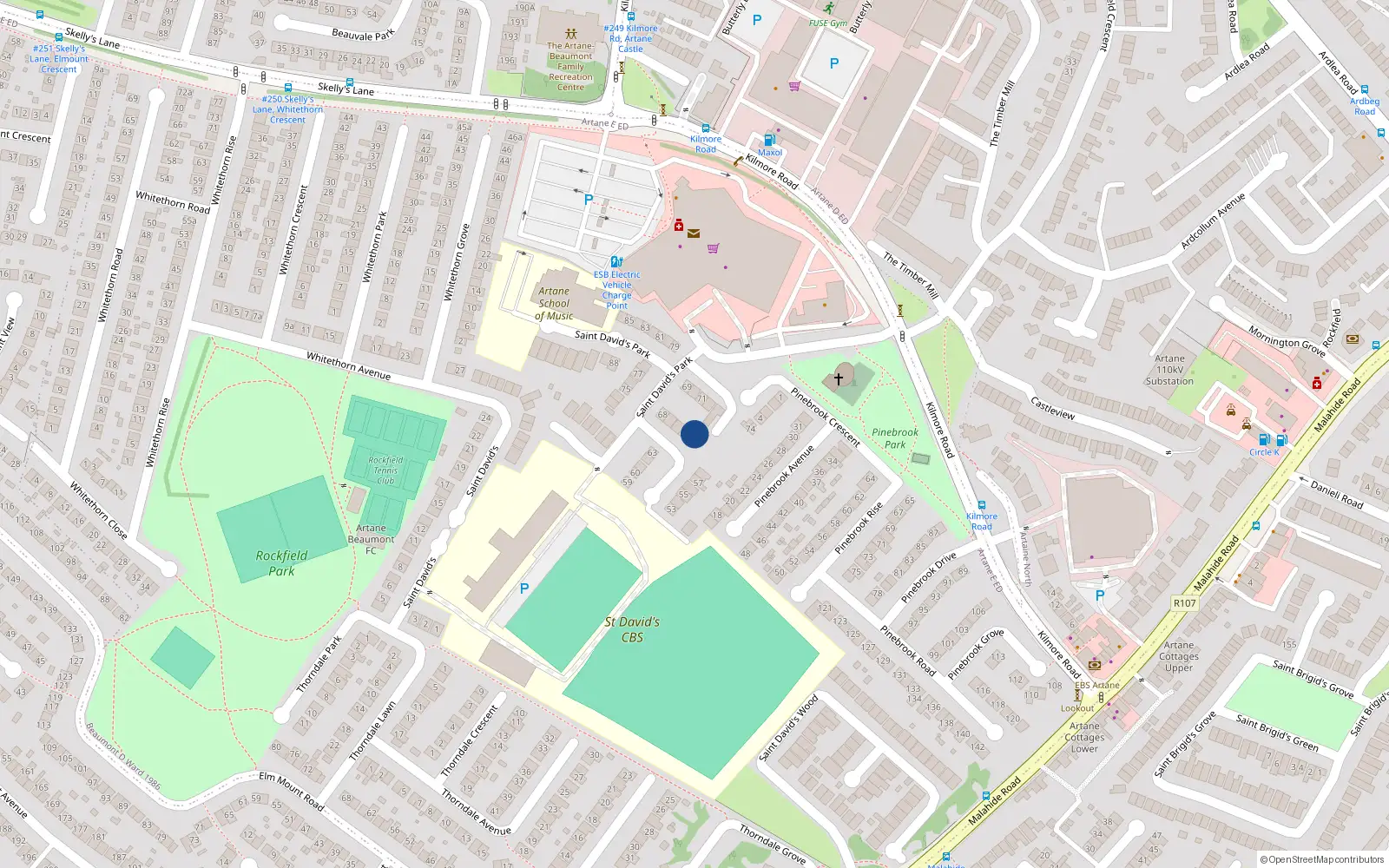 Overhead map showing the location of 64 St Davids Park, Artane