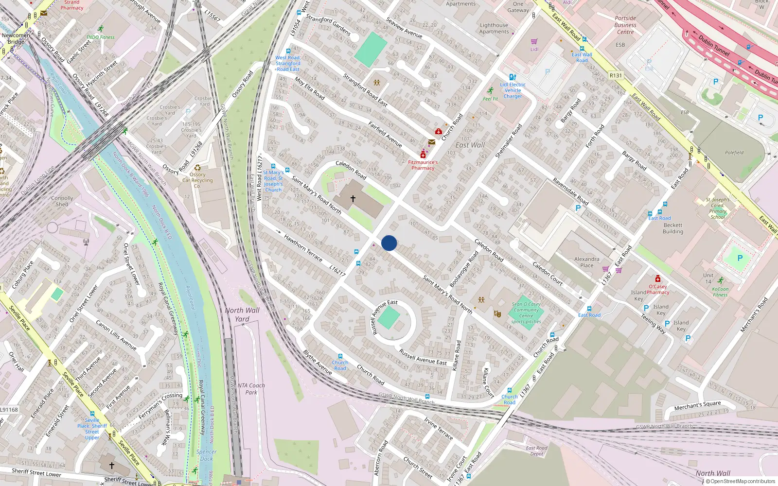 Overhead map showing the location of 64 St Marys Road, East Wall, Dublin 3