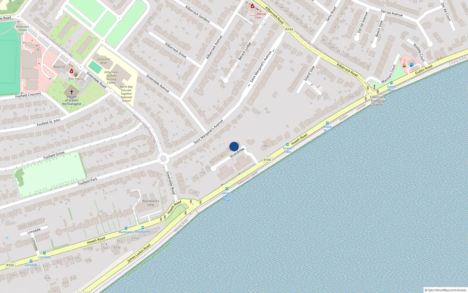 Overhead map showing the location of 64 Strand View, Dublin 5