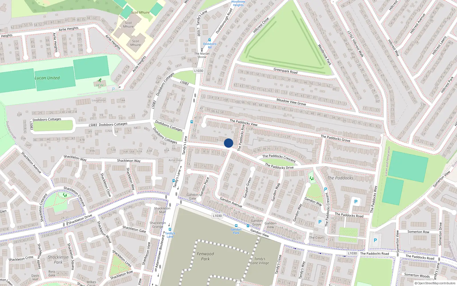 Overhead map showing the location of 64 The Paddocks Drive, Lucan