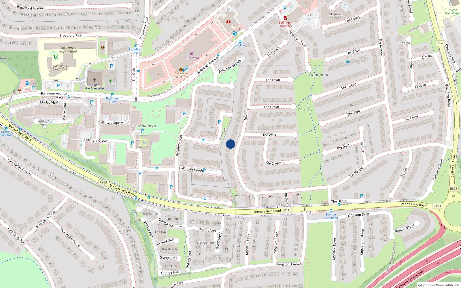 Overhead map showing the location of 64 The Rise, Dublin 16