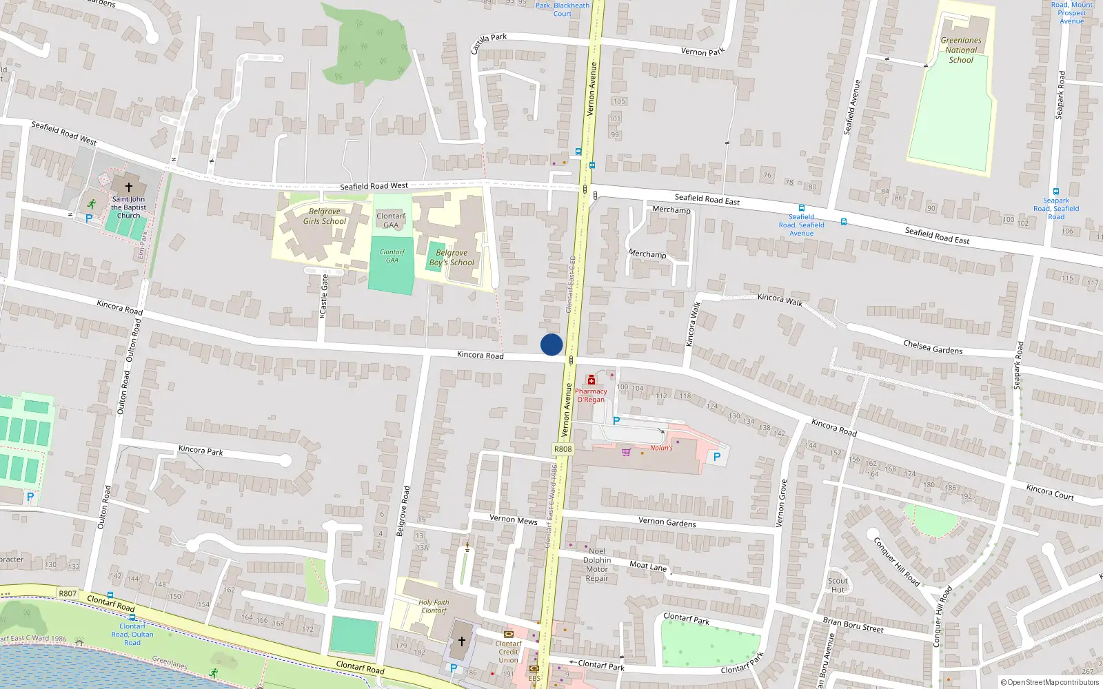 Overhead map showing the location of 64 Vernon Avenue, Clontarf, Dublin 3