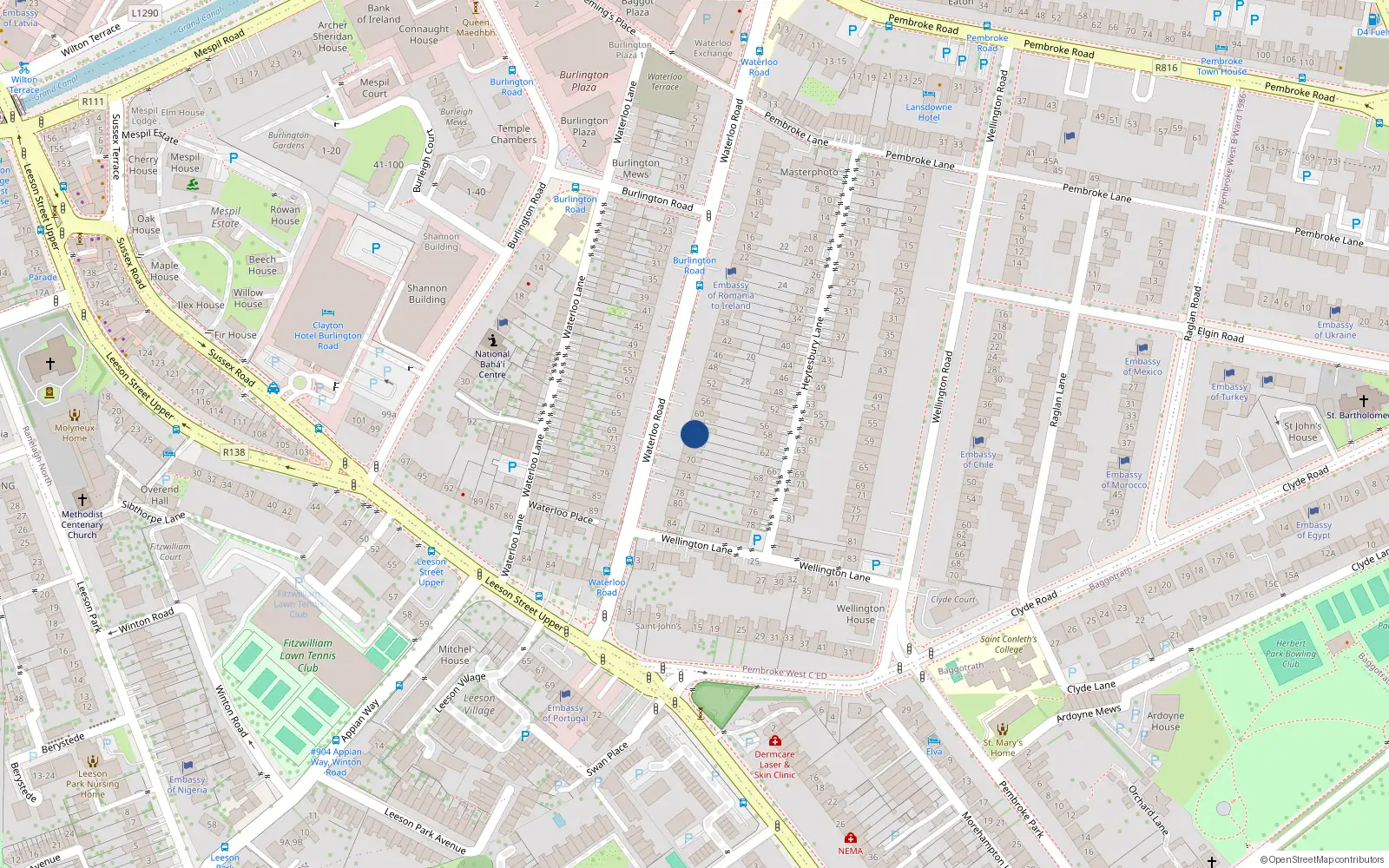 Overhead map showing the location of 64 Waterloo Road, Ballsbridge Dublin 4