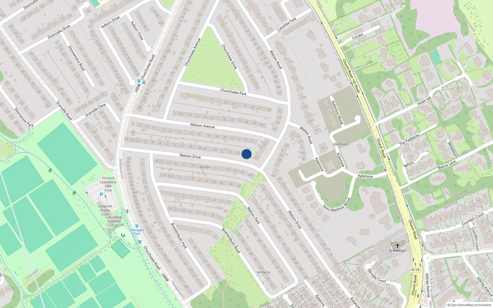 Overhead map showing the location of 64 Watson Drive, Killiney