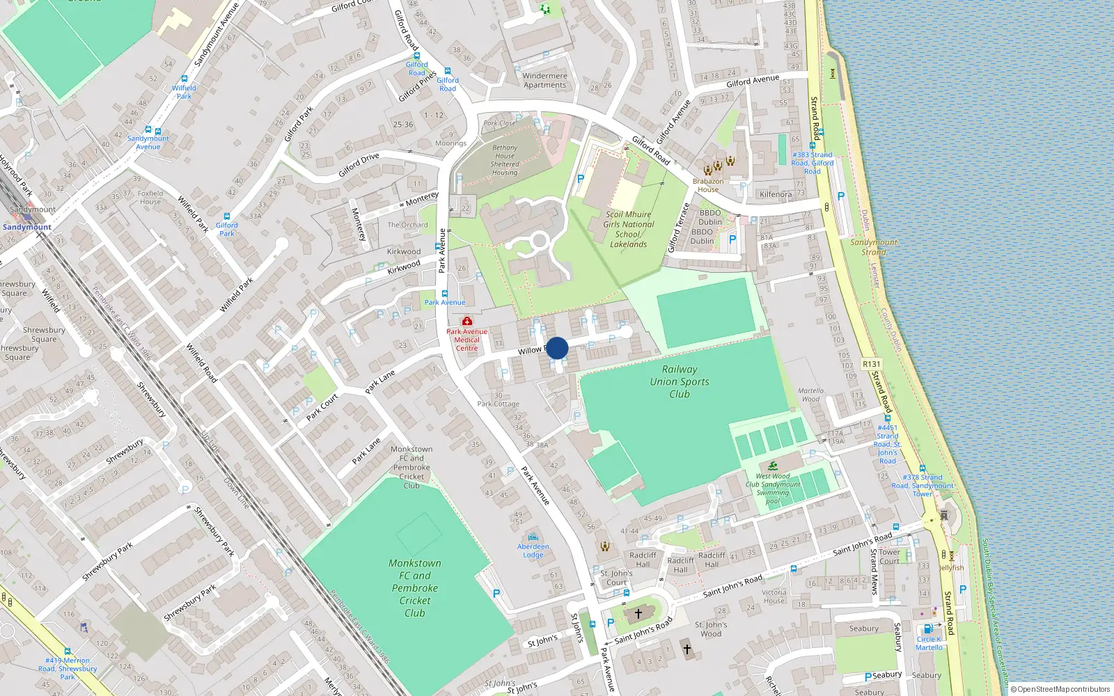 Overhead map showing the location of 64 Willow Field, Off Park Avenue, Sandymount