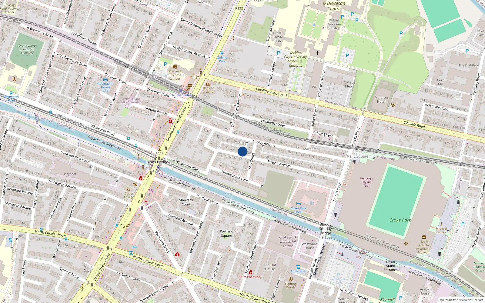 Overhead map showing the location of 64 Russell Avenue, Dublin 3