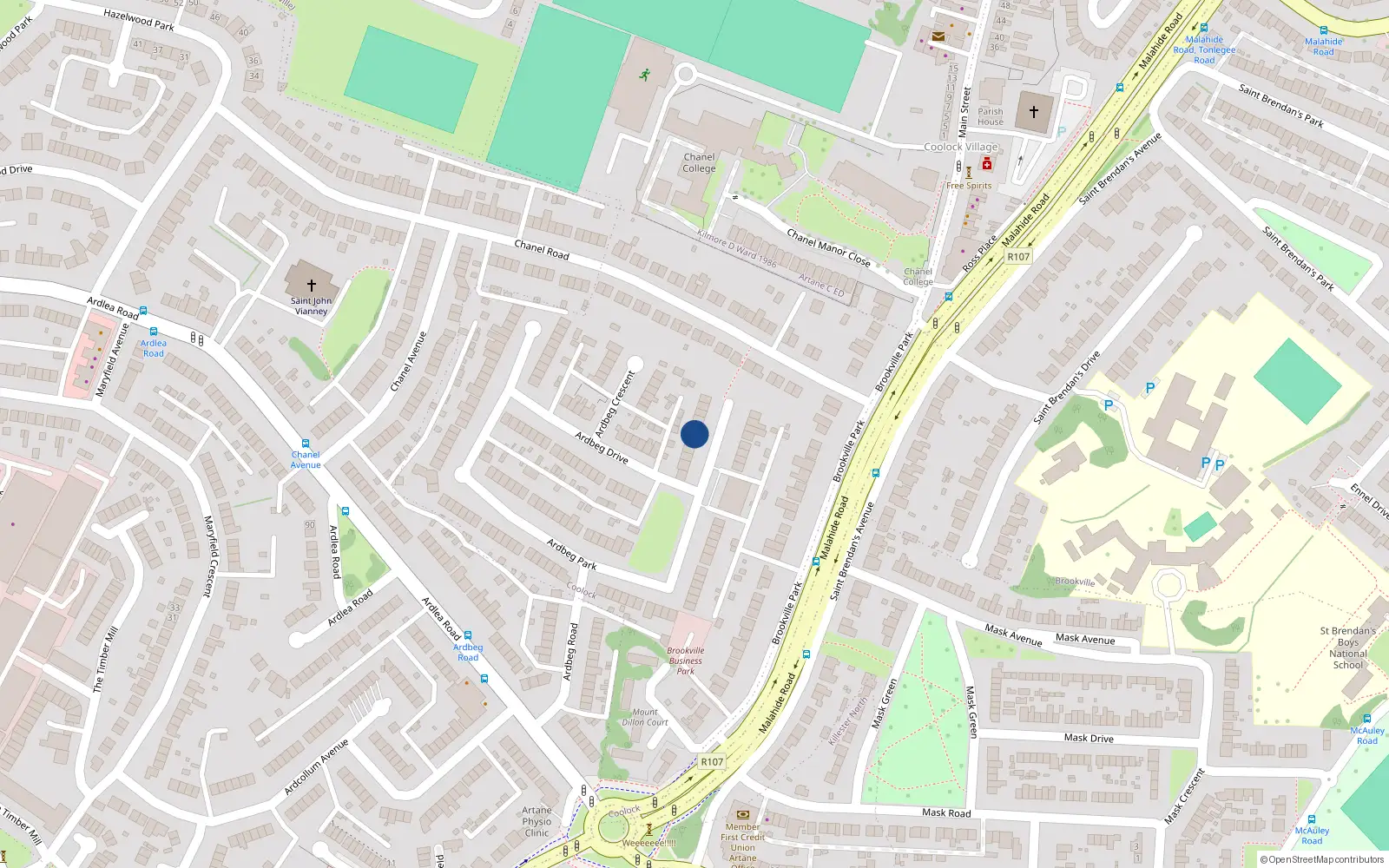 Overhead map showing the location of 65 Ardbeg Park, Artane, Dublin 5
