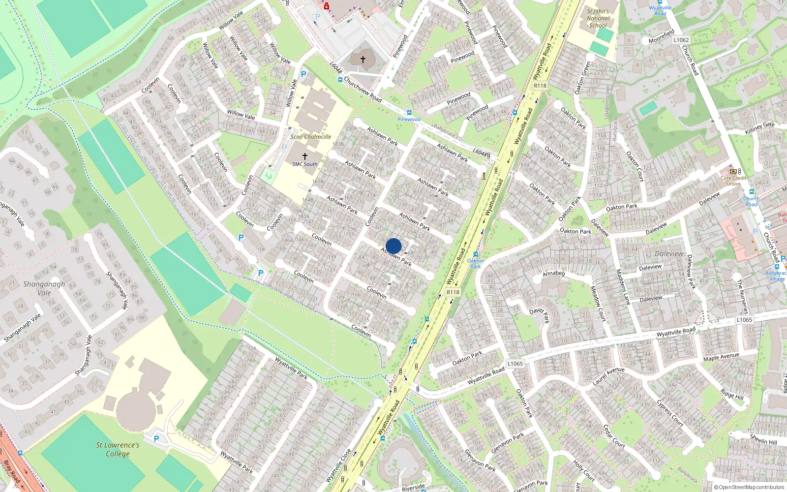 Overhead map showing the location of 65 Ashlawn Park, Ballybrack, Dublin
