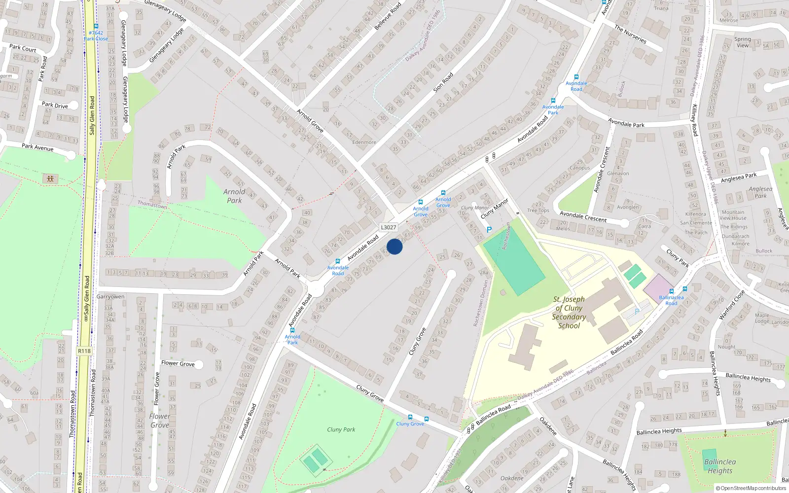 Overhead map showing the location of 65 Avondale Road, Killiney