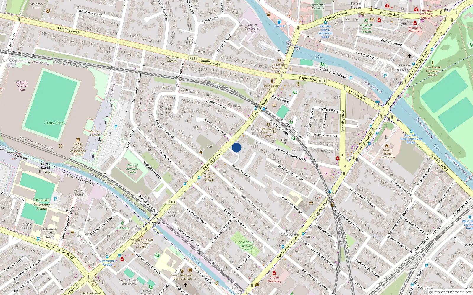 Overhead map showing the location of 65 Ballybough Road, Ballybough, Dublin 3