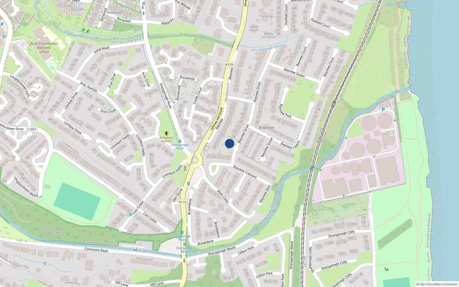 Overhead map showing the location of 65 Bayview Drive, Killiney, Dublin