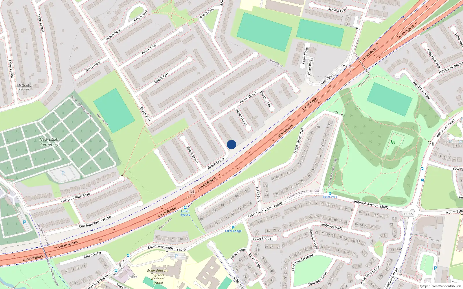 Overhead map showing the location of 65 Beech Grove, Lucan, Dublin