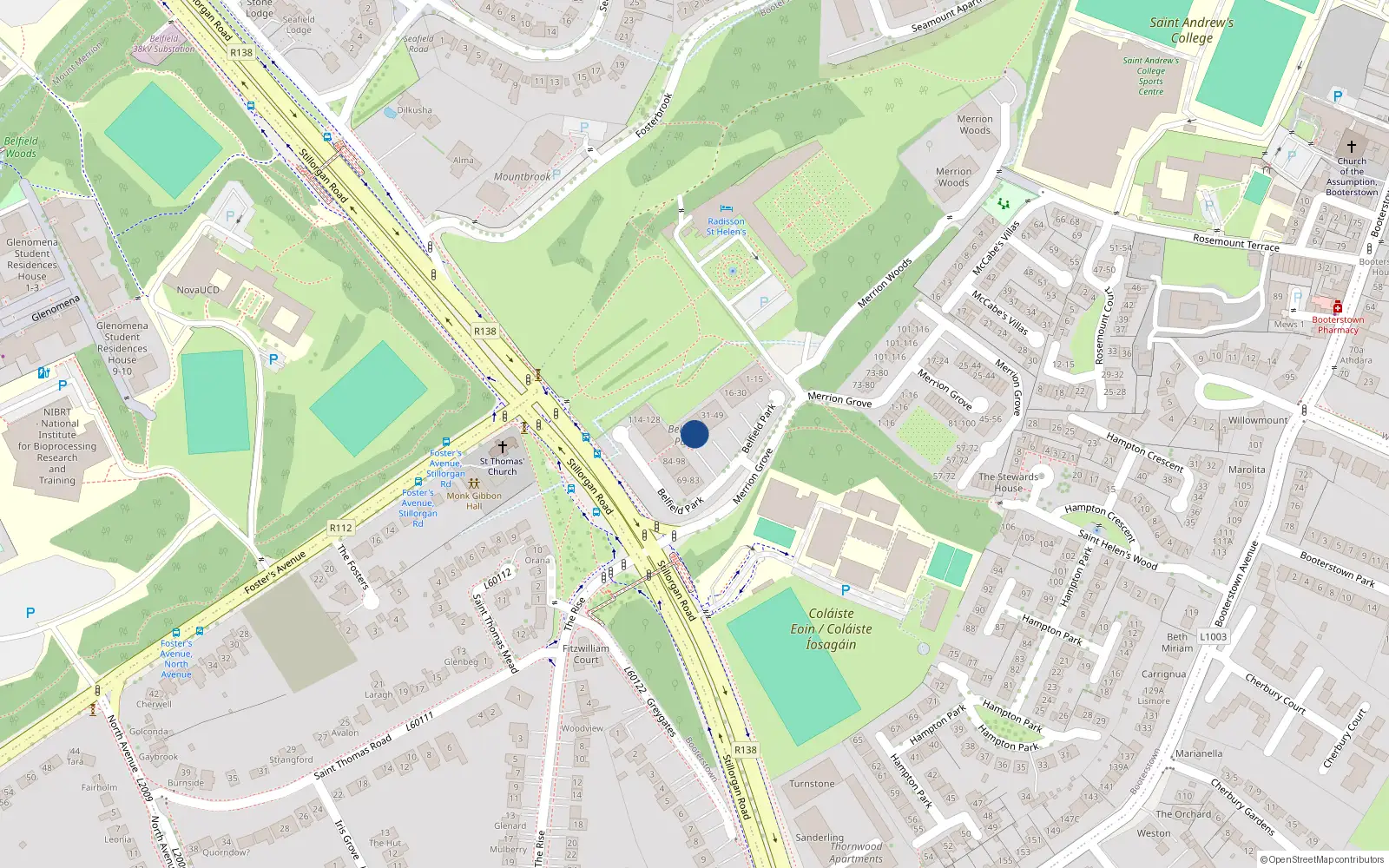 Overhead map showing the location of 65 Belfield Park, Stillorgan Road, Mount Merrion