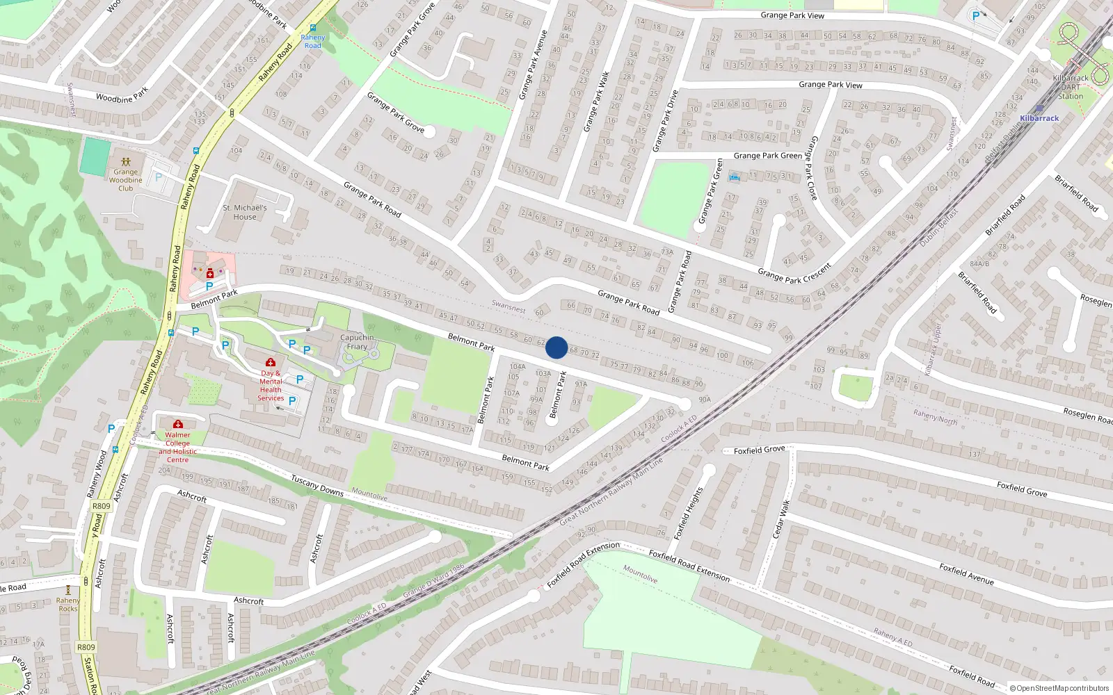 Overhead map showing the location of 65 Belmont Park, Raheny, Dublin 5