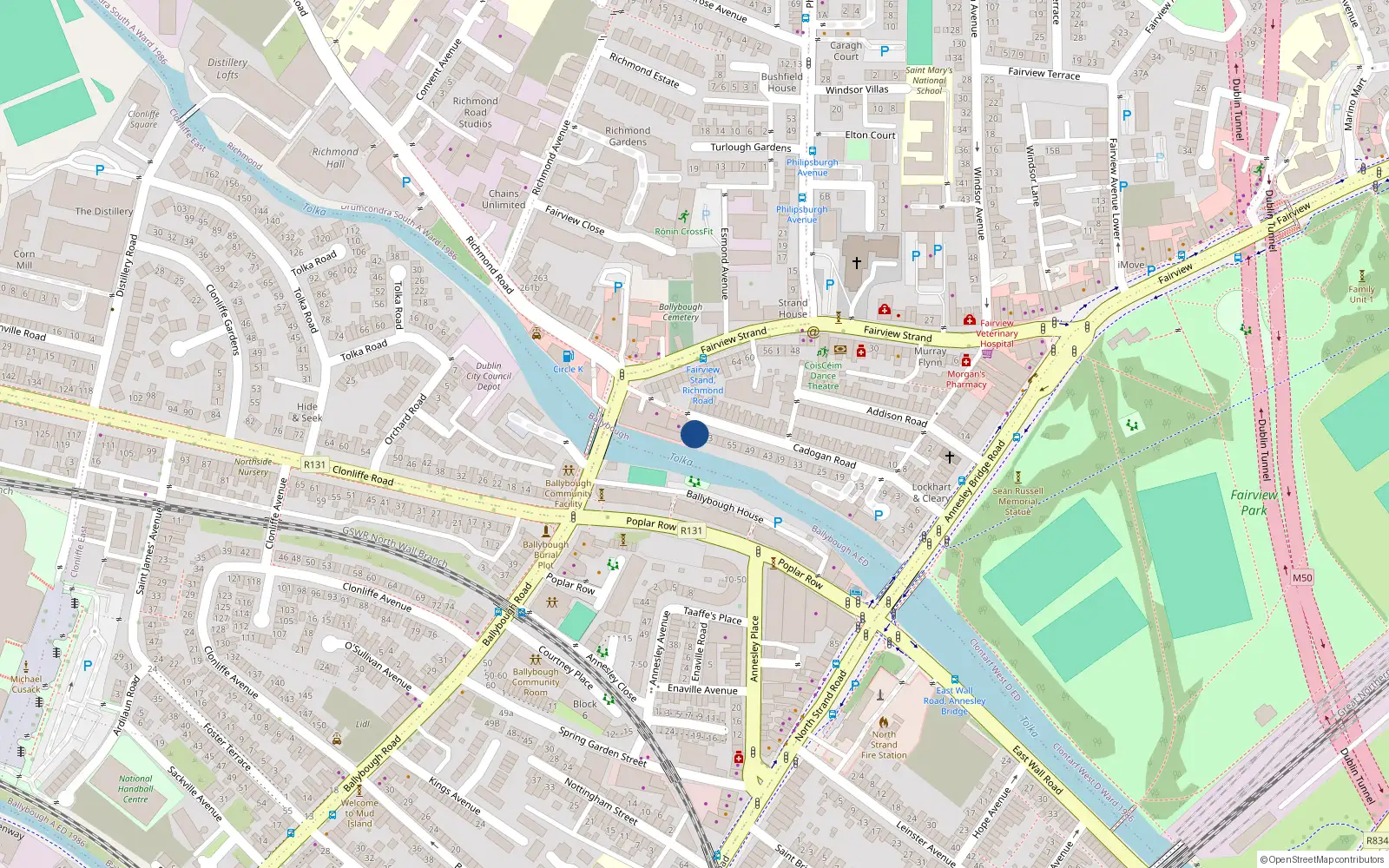 Overhead map showing the location of 65 Cadogan Road, Dublin