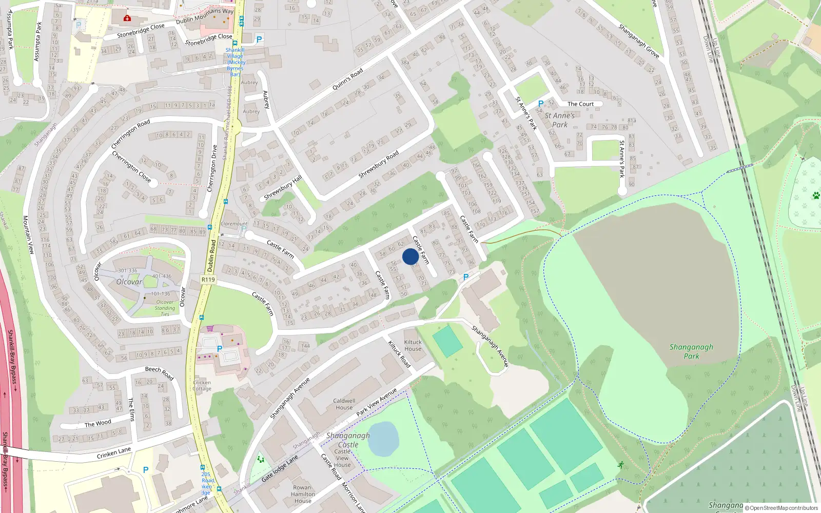 Overhead map showing the location of 65 Castle Farm, Shankill