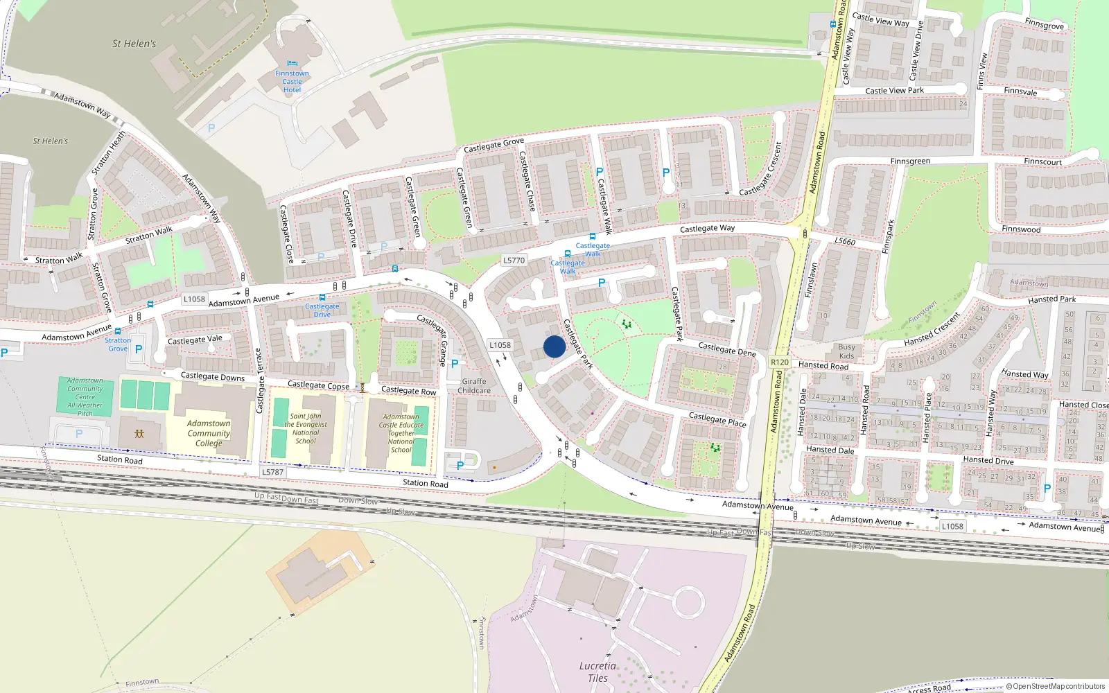 Overhead map showing the location of 65 Castlegate Park, Lucan