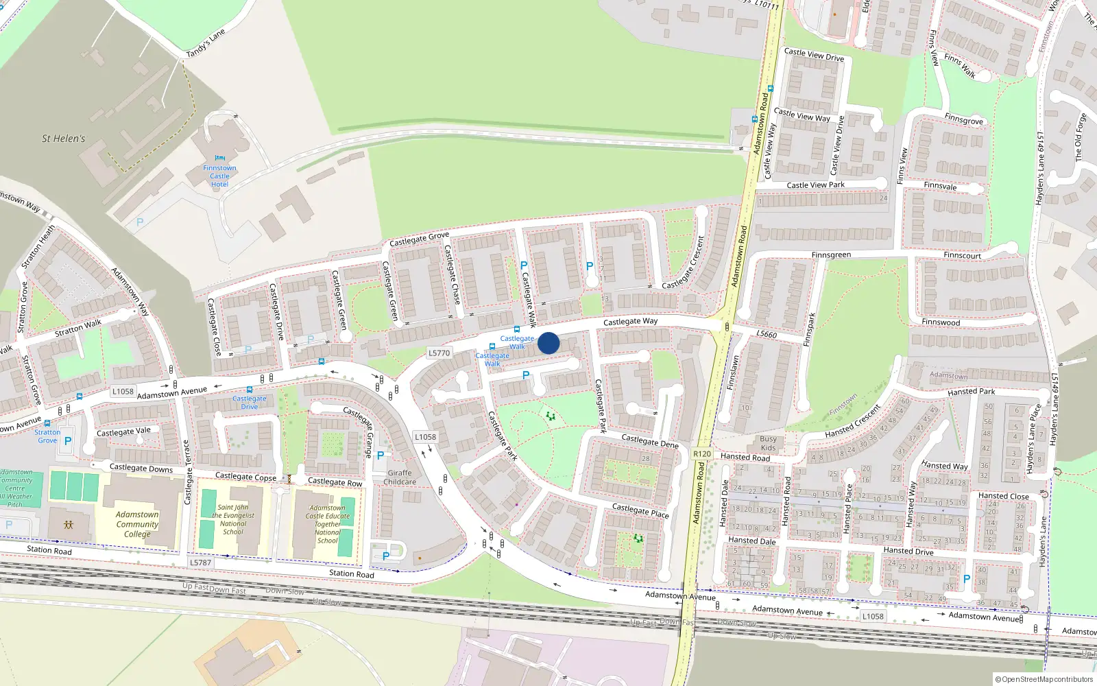 Overhead map showing the location of 65 Castlegate Way, Lucan