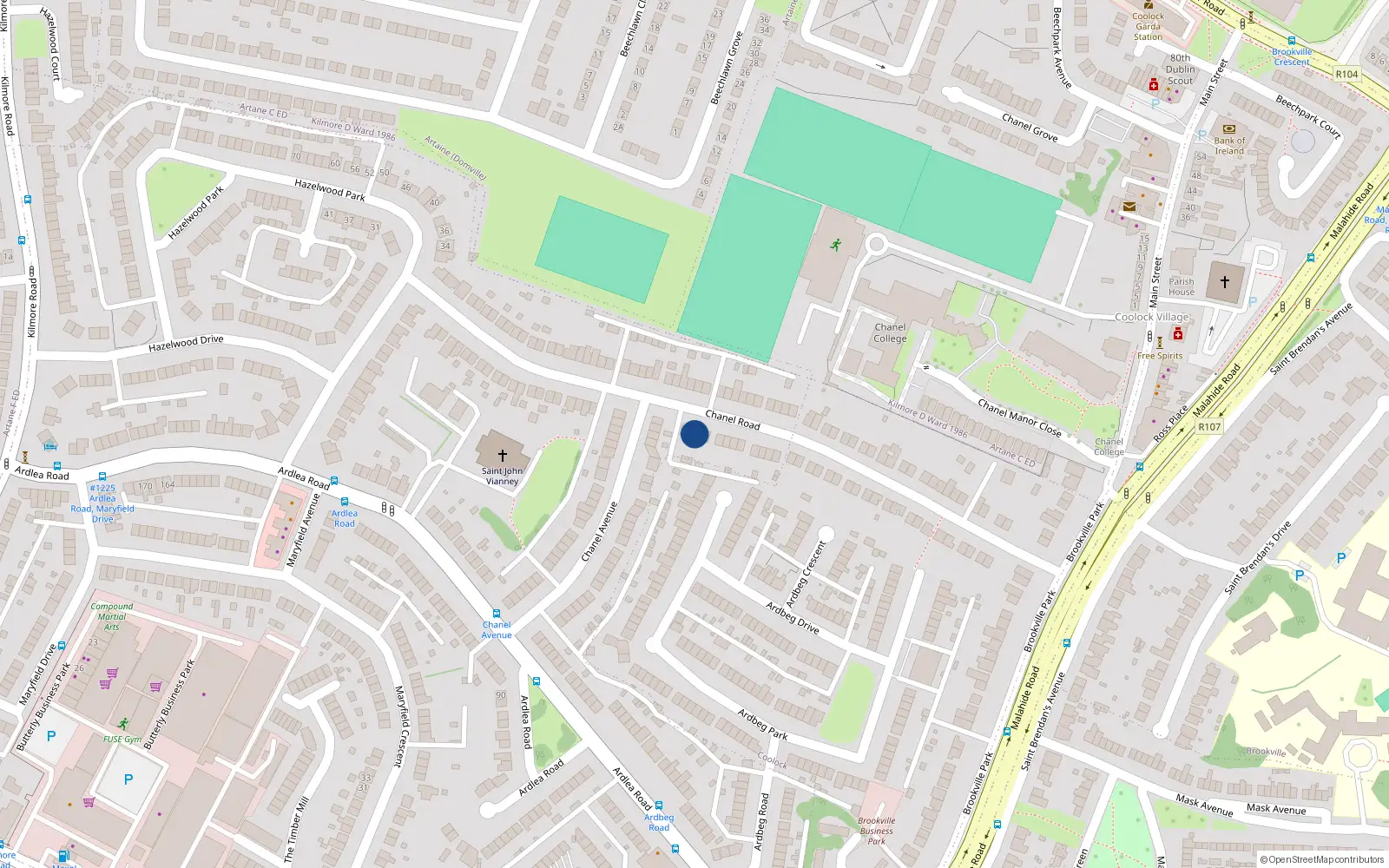 Overhead map showing the location of 65 Chanel Road, Dublin 5