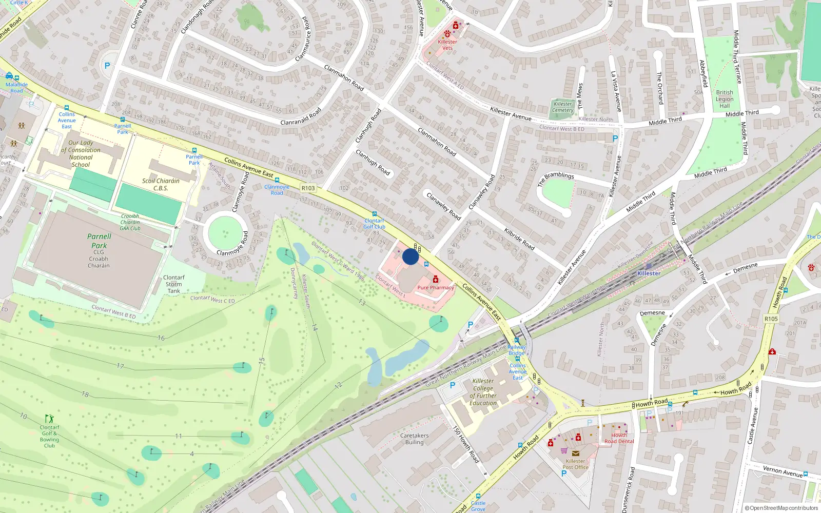 Overhead map showing the location of 65 Collins Avenue East, Dublin