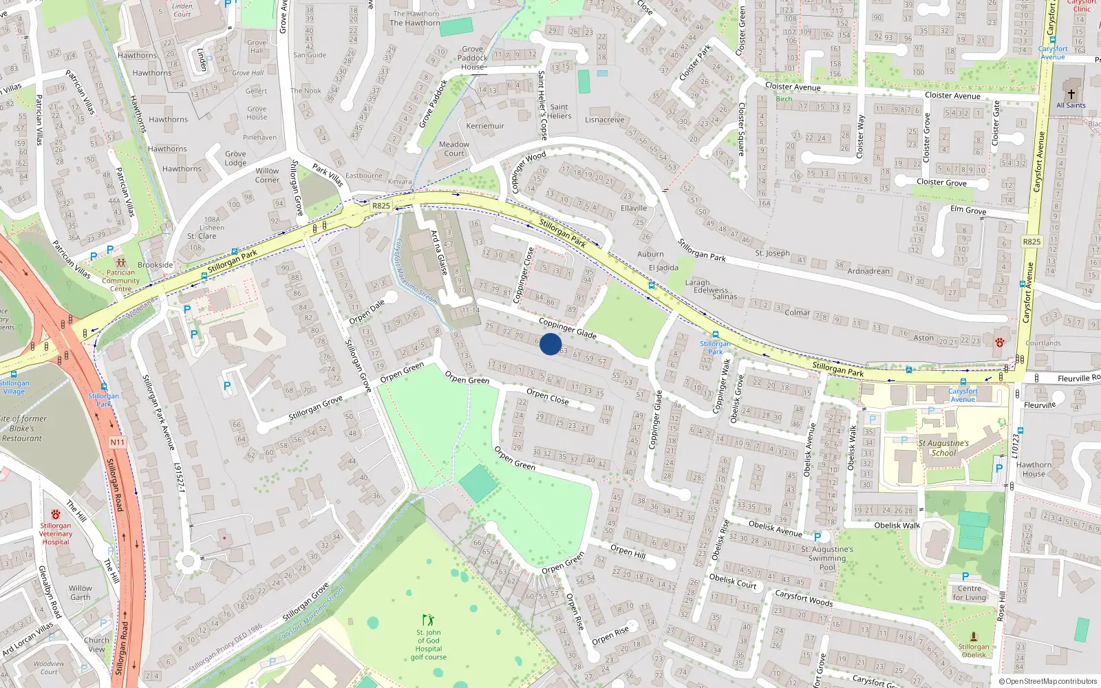 Overhead map showing the location of 65 Coppinger Glade, Dublin