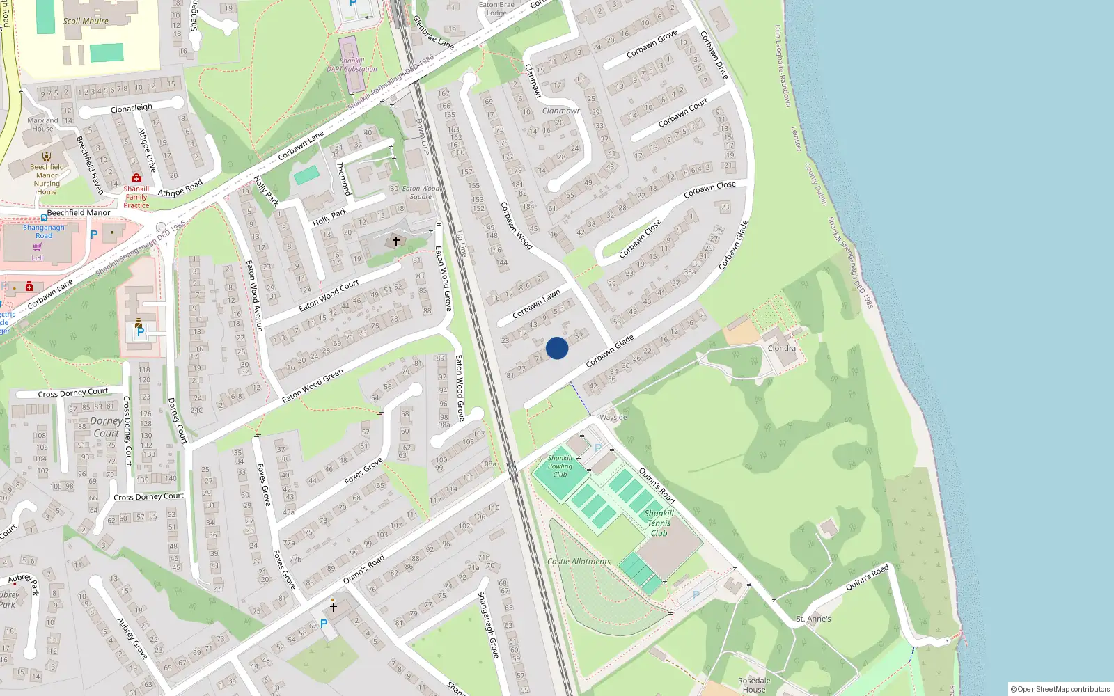 Overhead map showing the location of 65 Corbawn Drive, Shankill