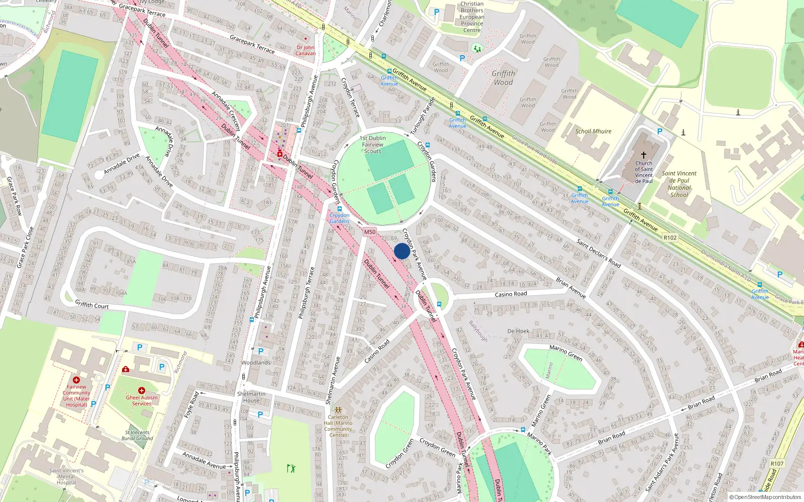 Overhead map showing the location of 65 Croydon Park Avenue, Dublin 3