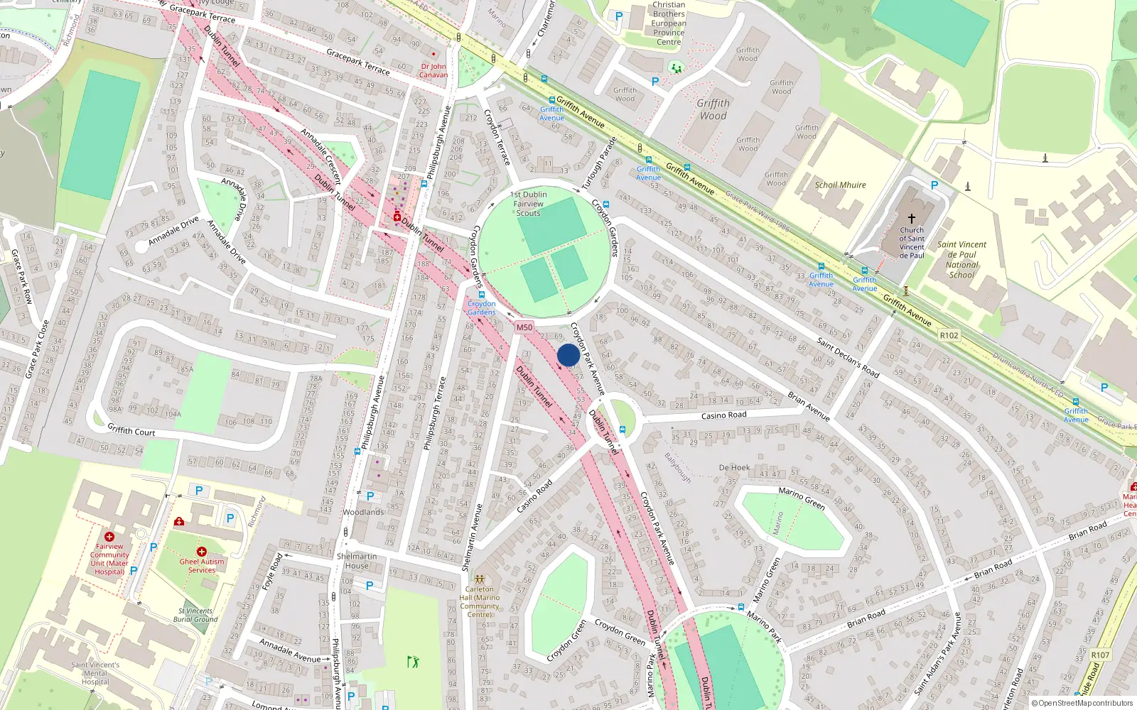Overhead map showing the location of 65 Croydon Park Avenue, Marino, Dublin 3, D03 A2v3