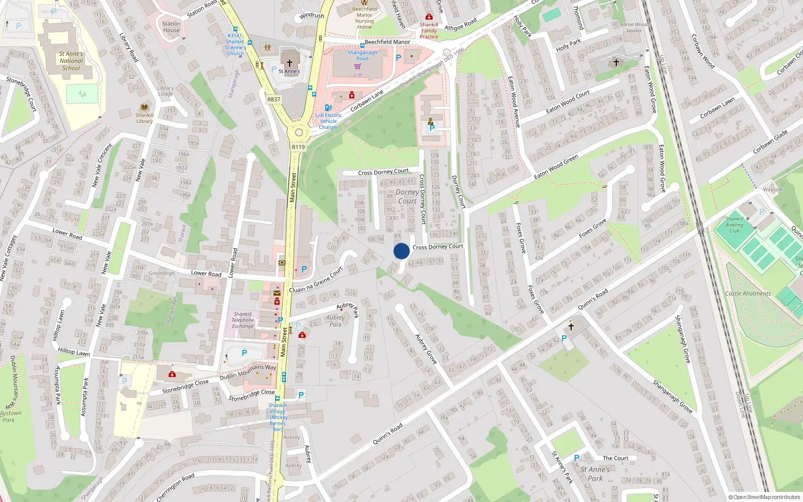 Overhead map showing the location of 65 Dorney Court, Shankill