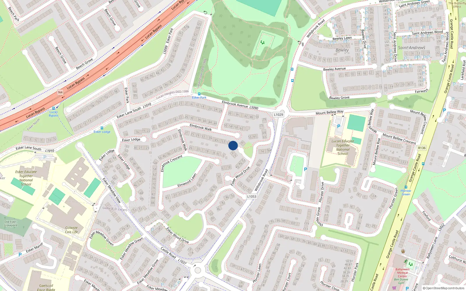 Overhead map showing the location of 65 Elmbrook Walk, Lucan, Dublin