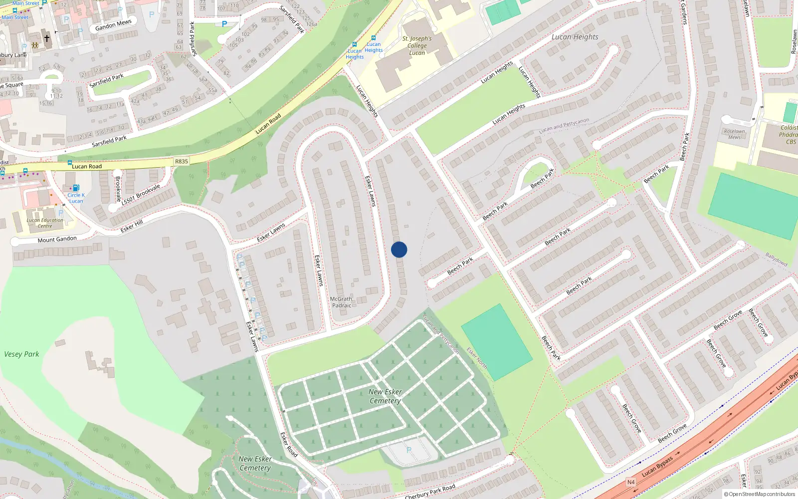 Overhead map showing the location of 65 Esker Lawns, Lucan