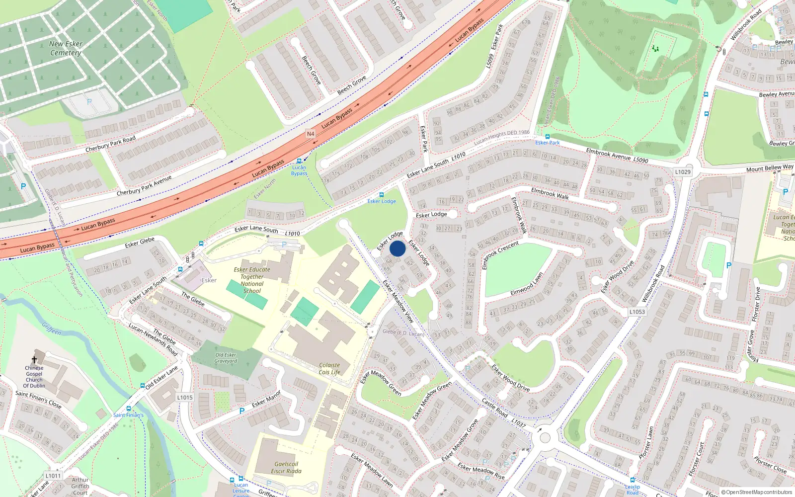 Overhead map showing the location of 65 Esker Lodge, Lucan