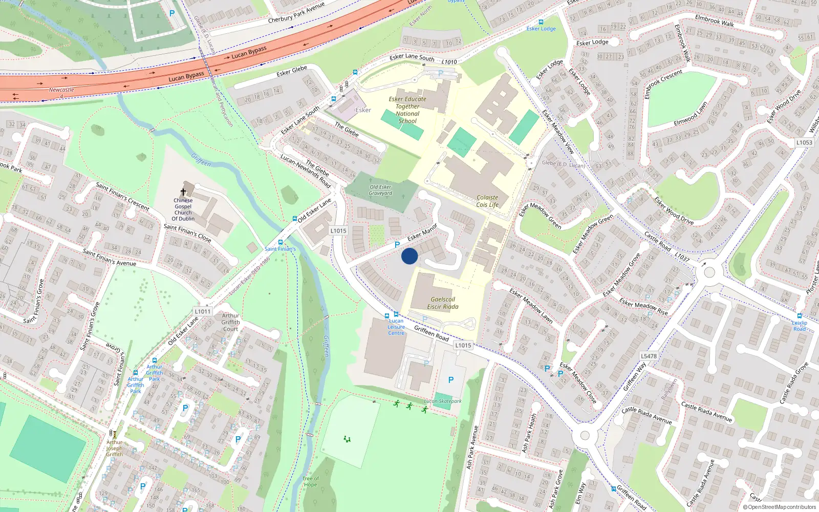 Overhead map showing the location of 65 Esker Manor, Lucan, Co Dublin