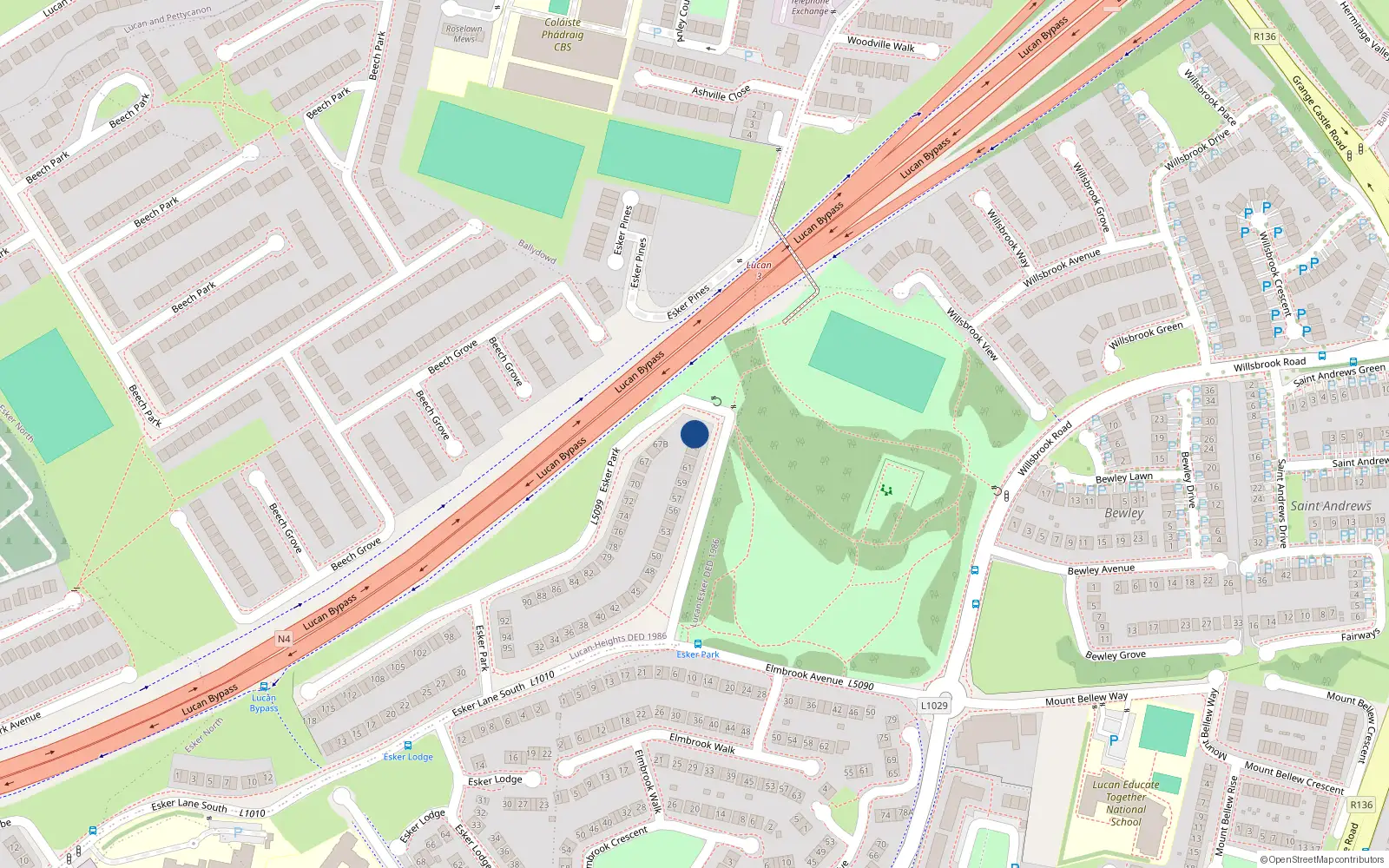 Overhead map showing the location of 65 Esker Park, Lucan