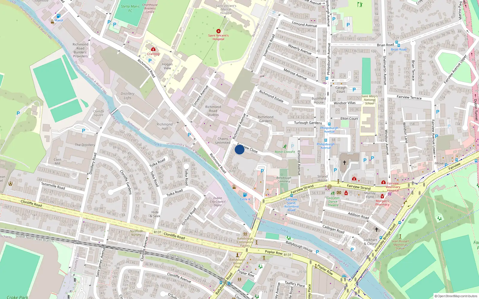 Overhead map showing the location of 65 Fairview Close, Cabra - Glasnevin