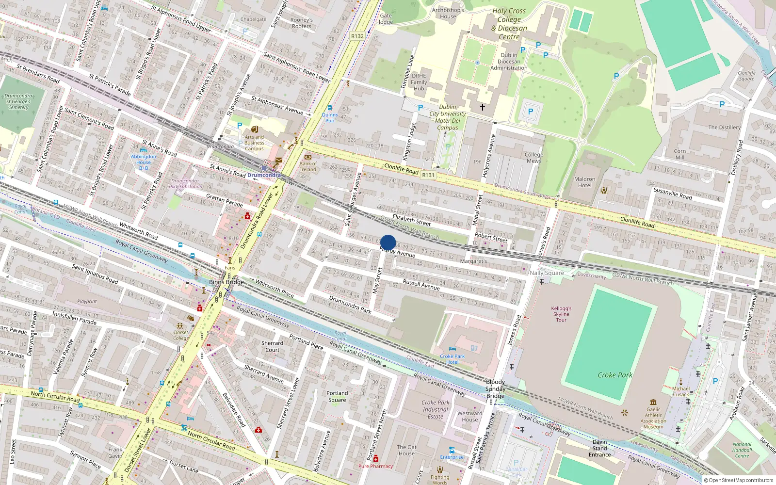 Overhead map showing the location of 65 Fitzroy Avenue, Dublin 3