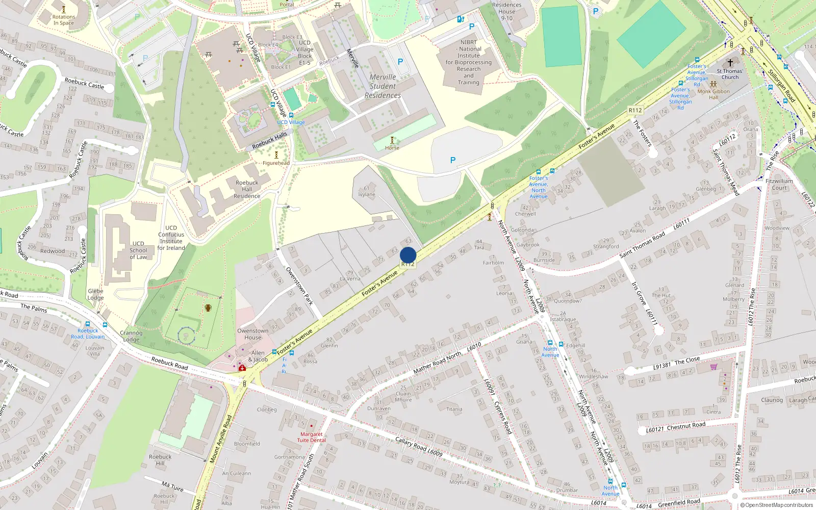 Overhead map showing the location of 65 Foster Avenue, Blackrock