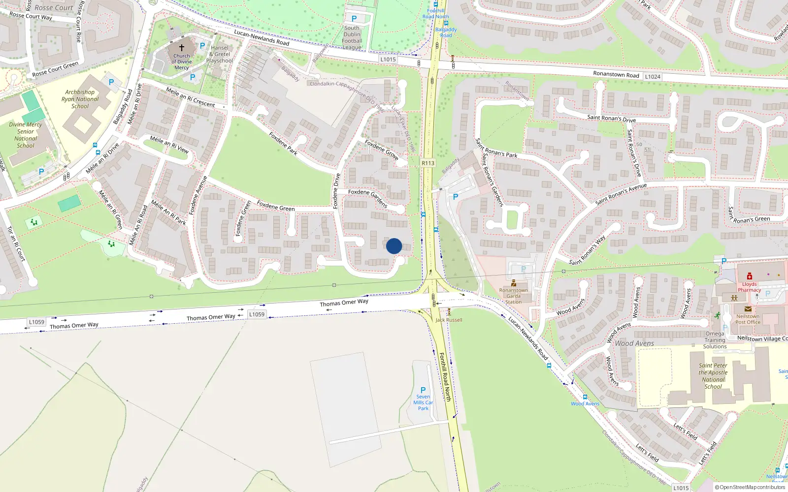 Overhead map showing the location of 65 Foxdene Drive, Lucan