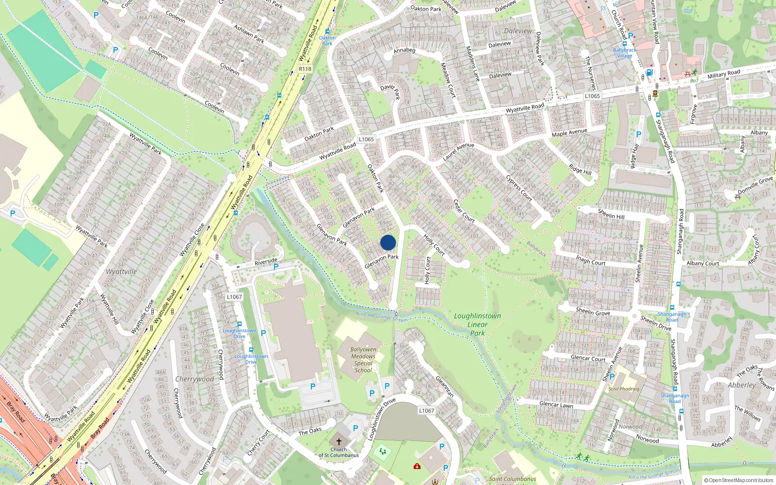 Overhead map showing the location of 65 Glenavon Park, Ballybrack