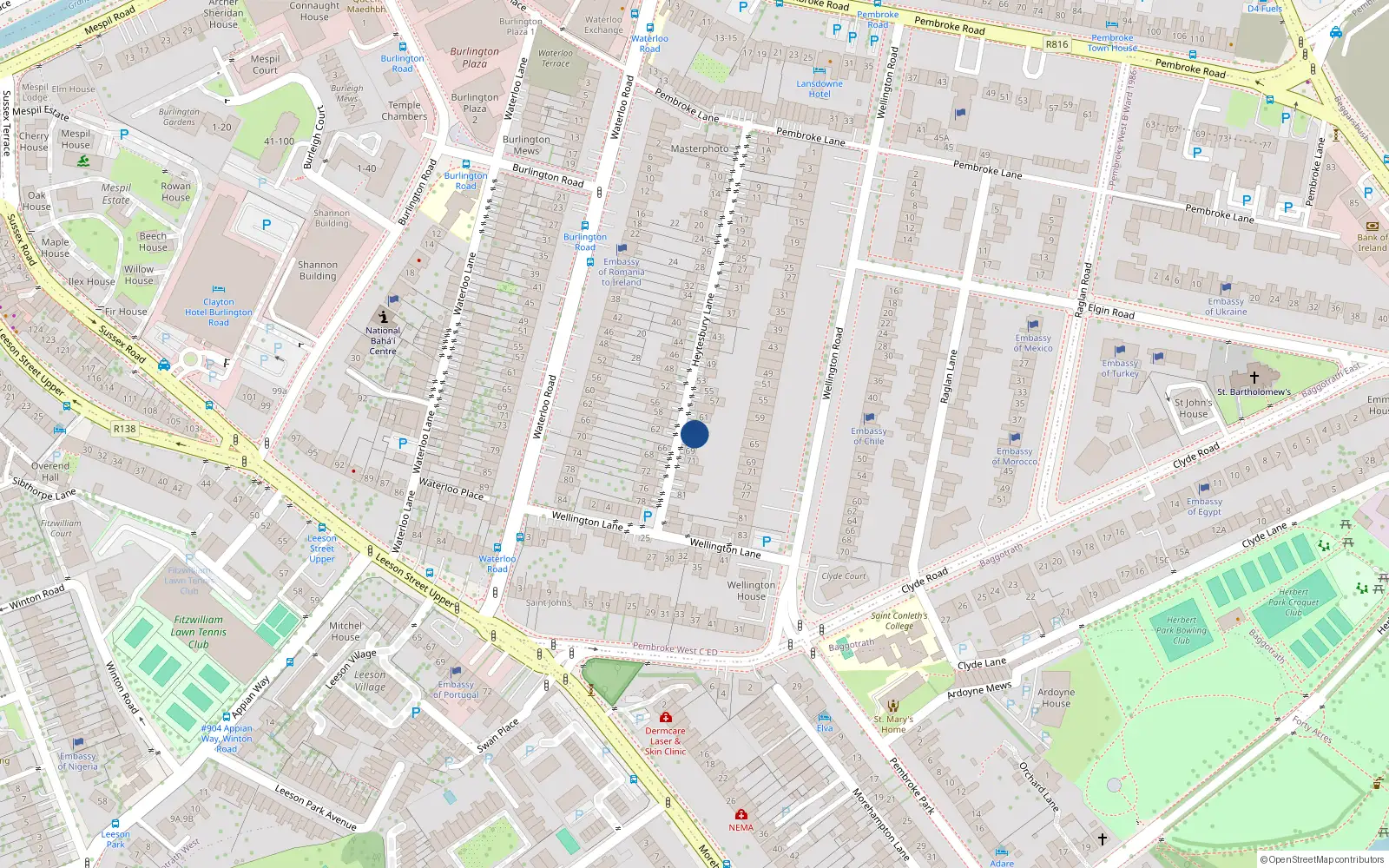 Overhead map showing the location of 65 Heytesbury Lane, Dublin 4