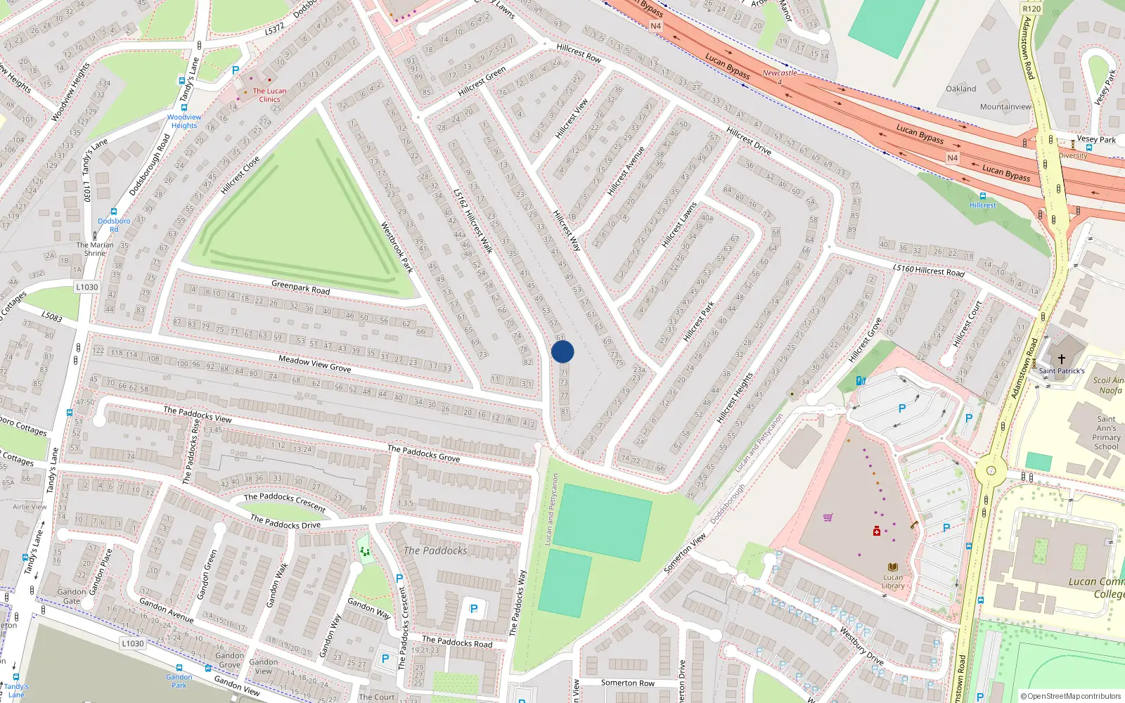 Overhead map showing the location of 65 Hillcrest Walk, Lucan, Dublin