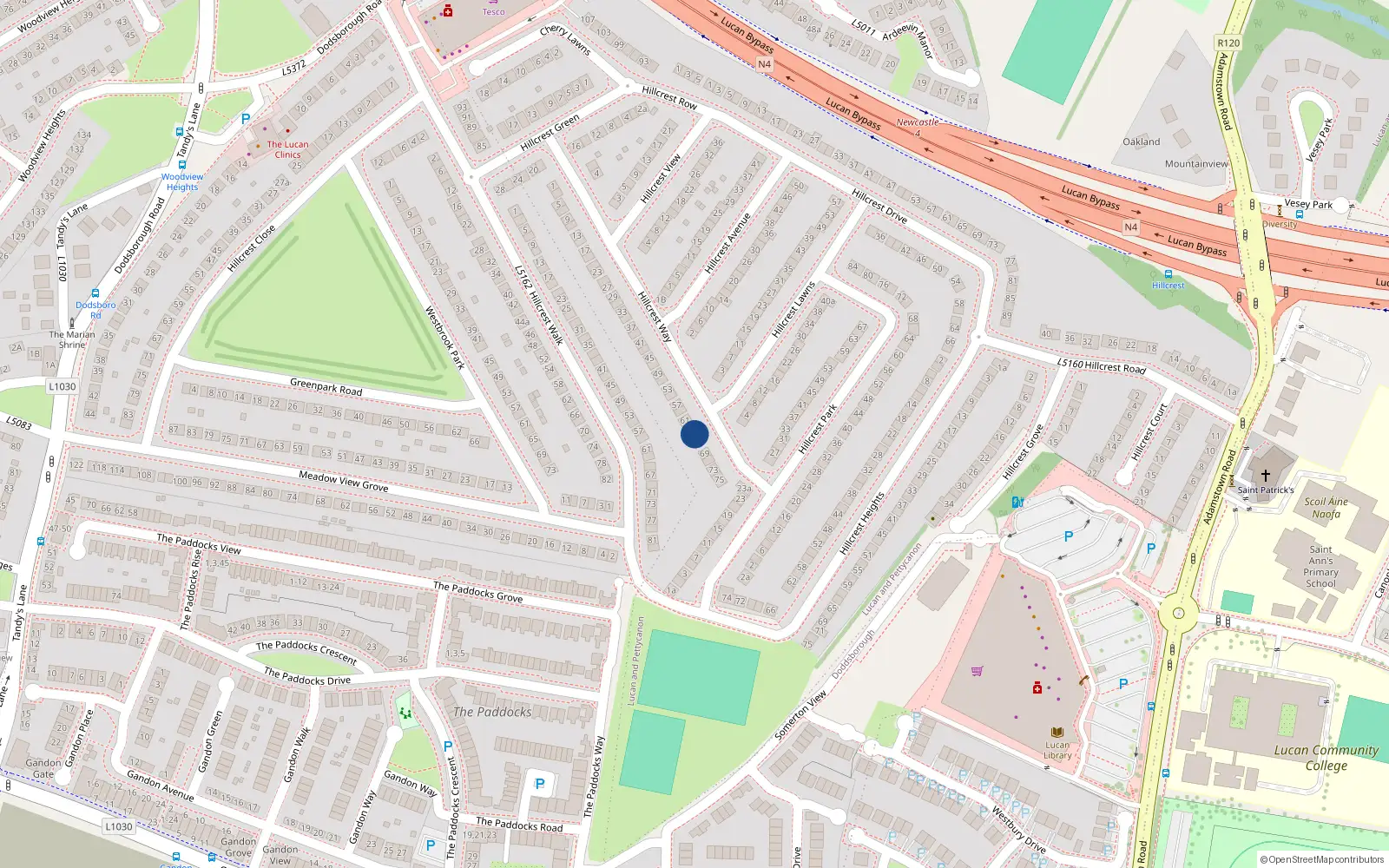 Overhead map showing the location of 65 Hillcrest Way, Lucan